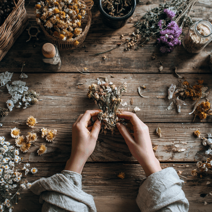 Vue de dessus des mains d'une personne confectionnant un petit bouquet de fleurs séchées sur une table en bois rustique, lors d'un atelier créatif. La table est parsemée de lavande, de camomille et d'autres herbes, illustrant une animation événementielle artisanale et "feel good".