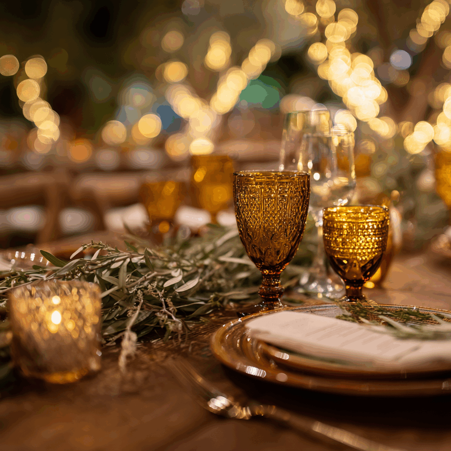 Décoration de table de gala avec verres ambrés, feuillage d'olivier et ambiance lumineuse pour une soirée chic.