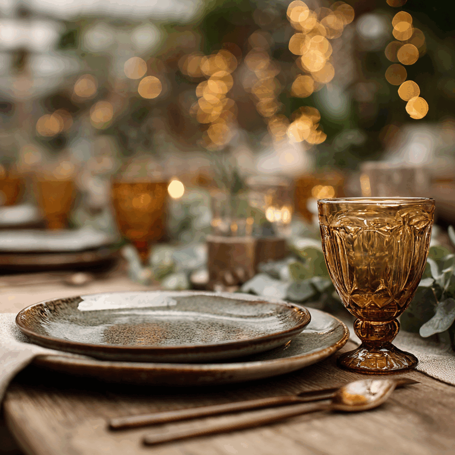 Gros plan sur une table d'événement élégamment dressée dans un style rustique chic, avec des assiettes artisanales en céramique, un verre ambré vintage et du feuillage d'eucalyptus. L'arrière-plan est baigné dans une chaude lumière bokeh, illustrant un art de la table soigné pour un mariage ou une réception.