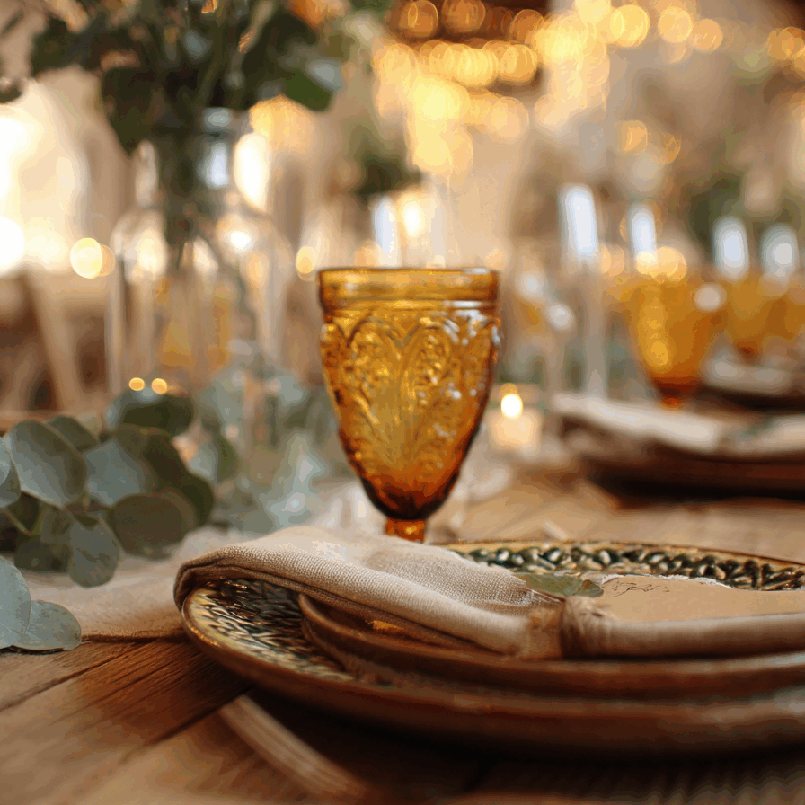 Art de la table pour un événement de style bohème : gros plan sur une assiette à motifs avec une serviette en lin et un marque-place, à côté d'une branche d'eucalyptus et d'un verre ambré vintage. L'ambiance est chaleureuse et lumineuse, typique d'une réception de mariage soignée.