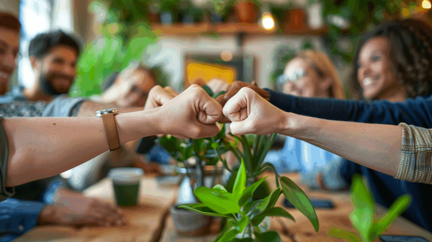 Un groupe de collègues souriants célèbrent une réussite en se cognant les poings au-dessus d'une table en bois, symbolisant le succès et la cohésion d'équipe lors d'un team building dans un environnement de travail lumineux et végétalisé.