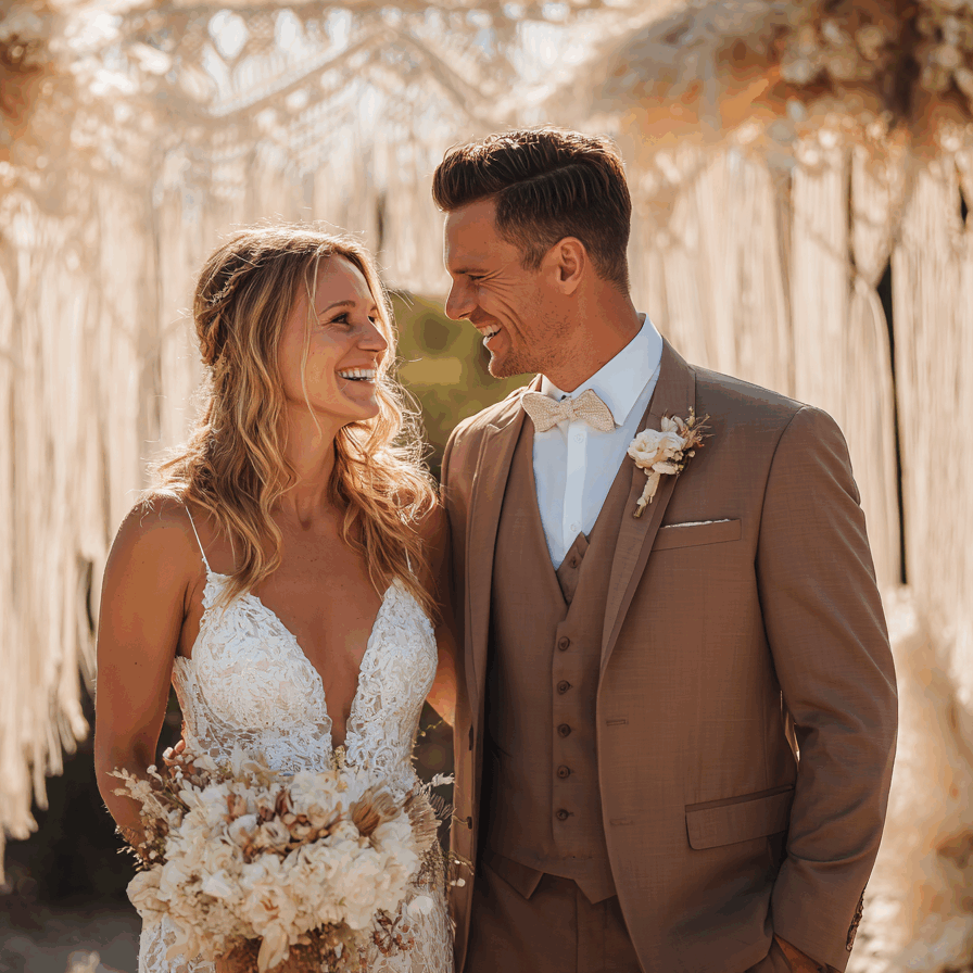 Couple de mariés souriants lors d'une cérémonie de mariage bohème en plein air avec une arche en macramé et de l'herbe de la pampa.