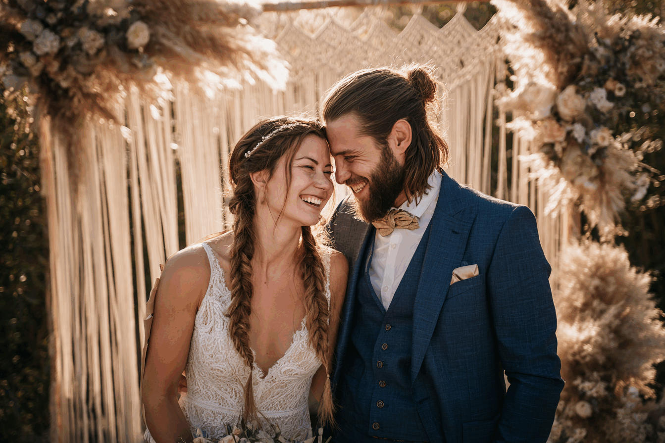 Un couple de mariés partage un moment de rire et de complicité intense devant une arche de mariage bohème en macramé, décorée d'herbe de la pampa. Cette scène capture la joie et l'authenticité d'une cérémonie de mariage personnalisée en plein air, baignée par la douce lumière du soleil couchant.