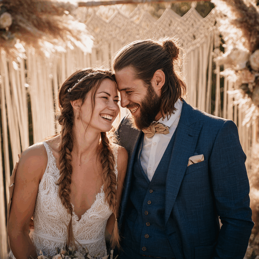 Un couple de mariés partage un moment de rire et de complicité intense devant une arche de mariage bohème en macramé, décorée d'herbe de la pampa. Cette scène capture la joie et l'authenticité d'une cérémonie de mariage personnalisée en plein air, baignée par la douce lumière du soleil couchant.