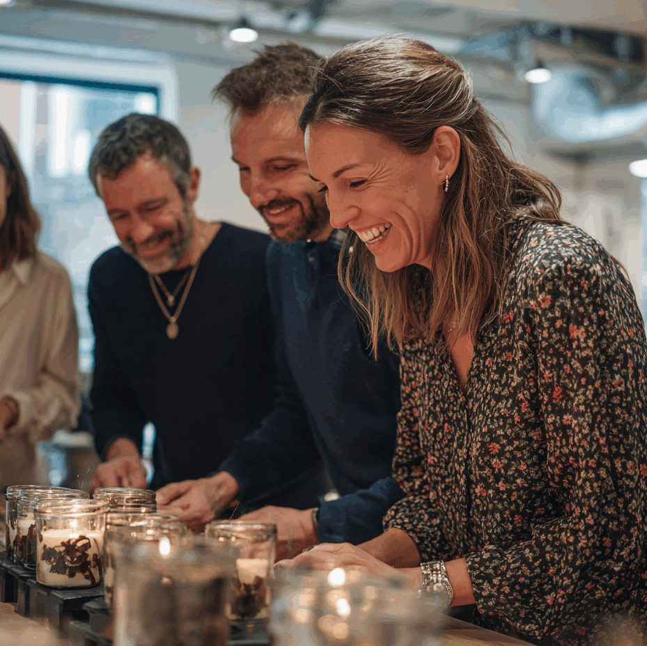 Un groupe d'adultes souriants et engagés participent à un atelier créatif de fabrication de bougies, illustrant parfaitement une animation de team building réussie et conviviale.
