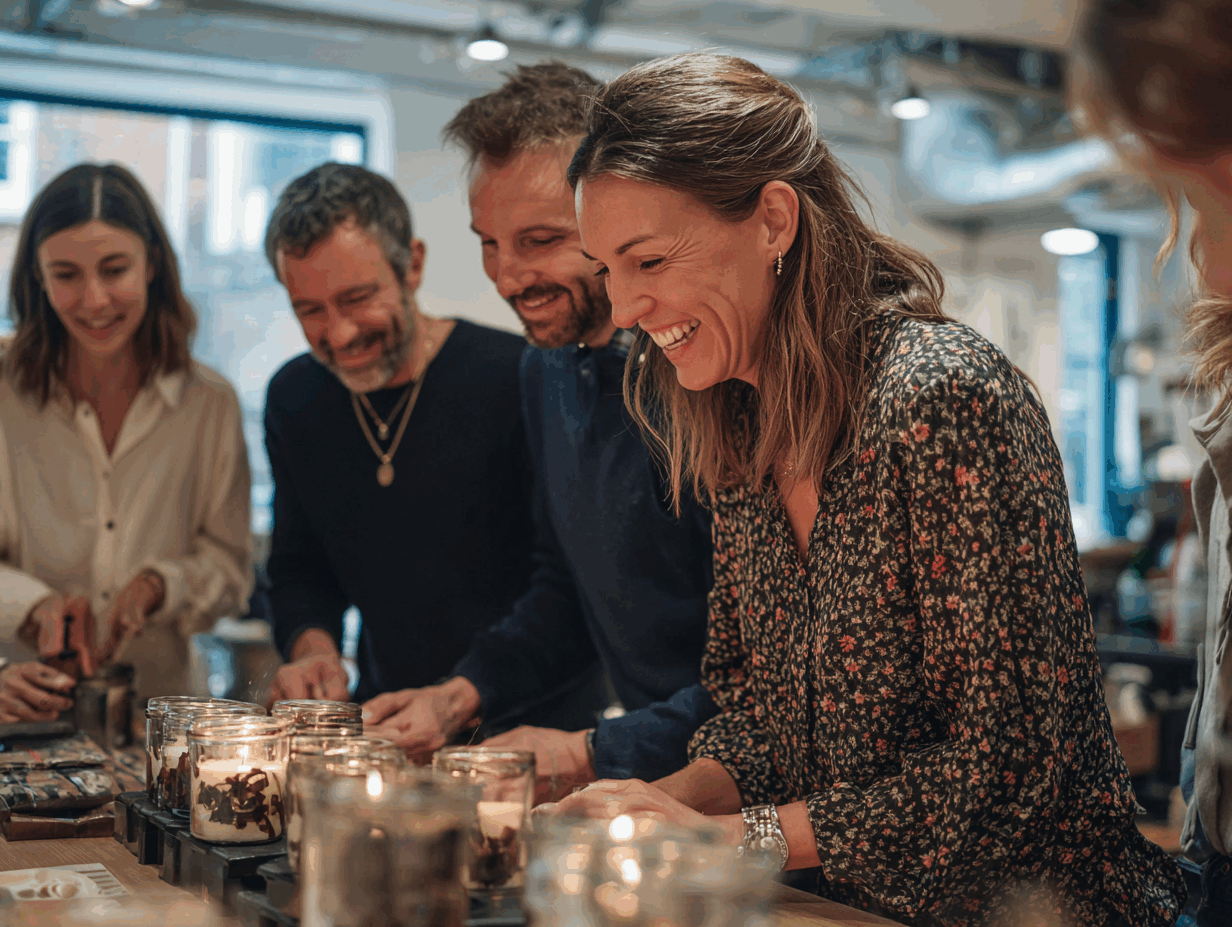 Un groupe d'adultes souriants et engagés participent à un atelier créatif de fabrication de bougies, illustrant parfaitement une animation de team building réussie et conviviale.
