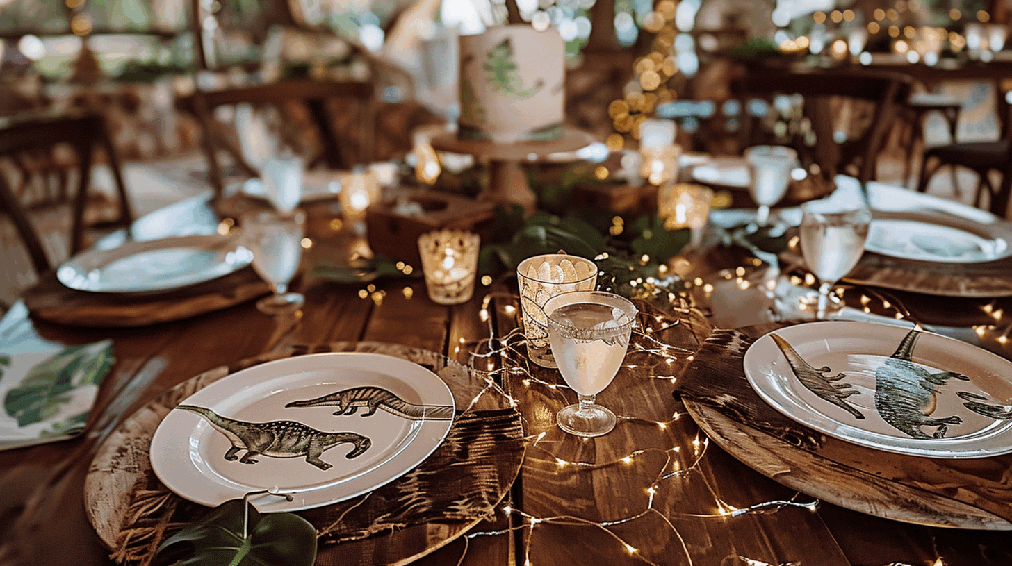 Gros plan sur une table d'anniversaire chic sur le thème des dinosaures, dressée avec des assiettes illustrées, des bougies et des guirlandes lumineuses pour une ambiance chaleureuse.