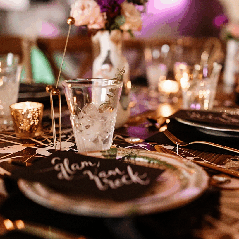Scénographie événementielle par Folk & Curious : gros plan sur une table d'anniversaire sur mesure, thème "glam rock", avec décoration personnalisée, vaisselle noire, couverts dorés et carte de placement calligraphiée.