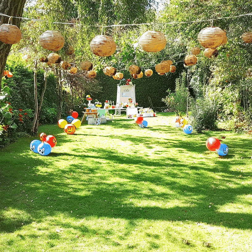 Décoration pour un anniversaire d'enfant créatif par Folk & Curious : un jardin ensoleillé décoré de guirlandes de lampions, de ballons colorés et d'un espace goûter festif.