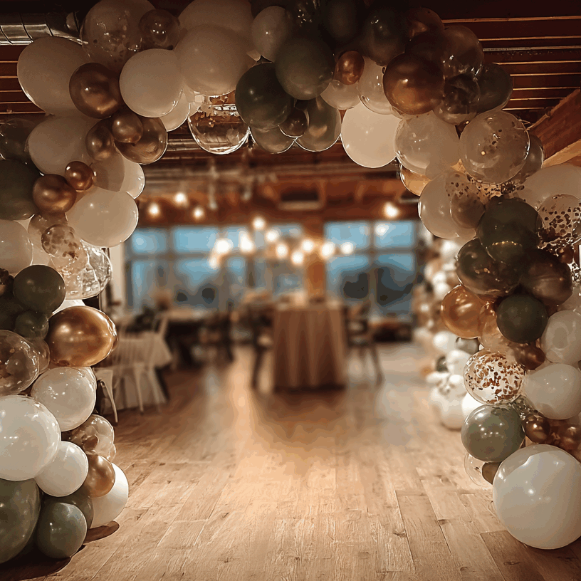Décoration événementielle par Folk & Curious : une arche de ballons chic et festive aux couleurs vert sauge, blanc et or, créant une entrée spectaculaire pour un mariage ou un anniversaire dans une salle moderne.