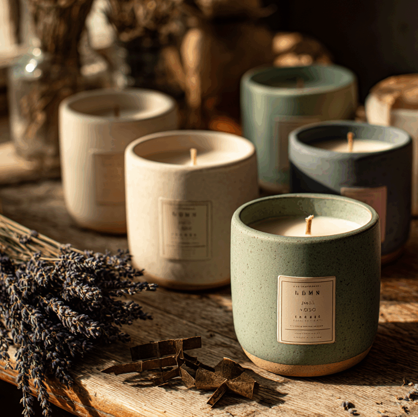 Idée d'animation 'feel good' : un atelier de fabrication de bougies artisanales. Une collection de bougies personnalisées, faites à la main dans des pots en céramique de couleurs pastel, est joliment disposée sur une table en bois rustique. Un bouquet de lavande séchée renforce l'ambiance naturelle et apaisante, parfaite pour une activité créative ou un cadeau sur-mesure.