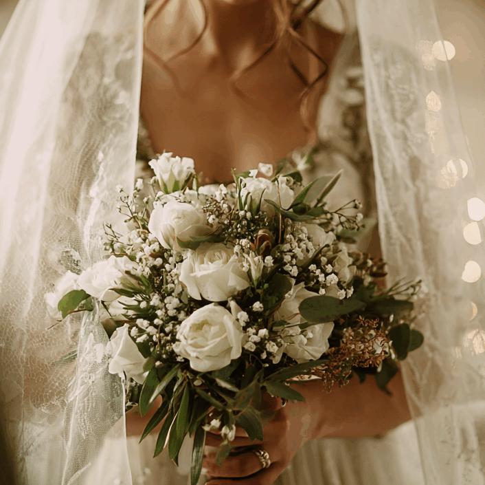 Inspiration pour un bouquet de mariée romantique et chic. Gros plan sur une mariée en robe de dentelle tenant une composition de roses blanches et de gypsophile, dans une ambiance intime et chaleureuse avec un voile et des lumières en arrière-plan.
