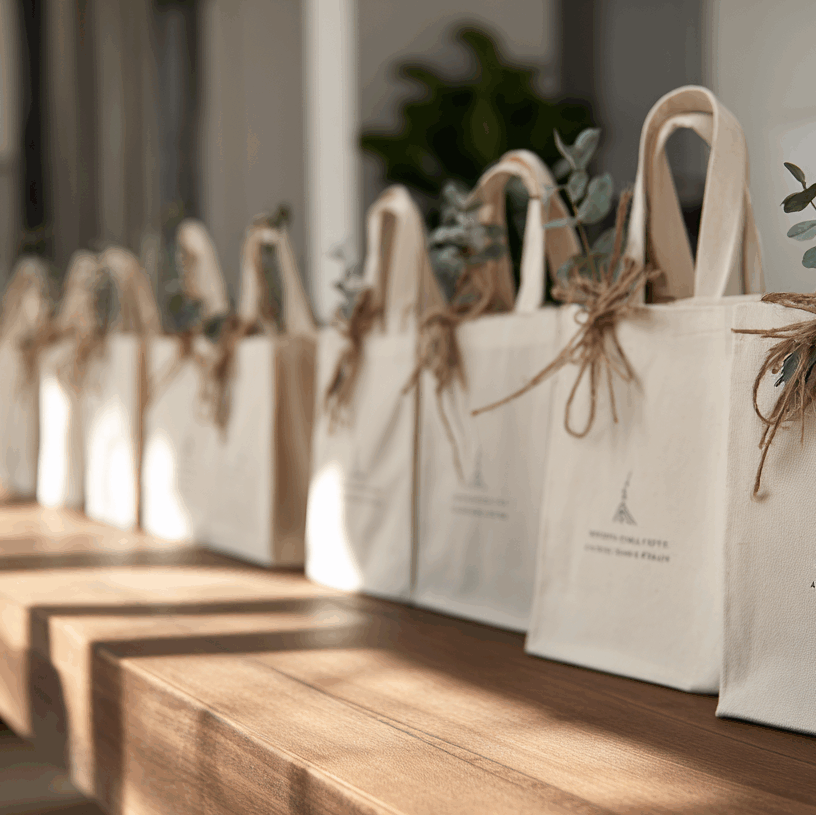 Cadeaux d'entreprise sur-mesure par Folk & Curious : des sacs d'accueil écologiques en toile, avec logo et décoration végétale, alignés sur une table en bois pour un événement.