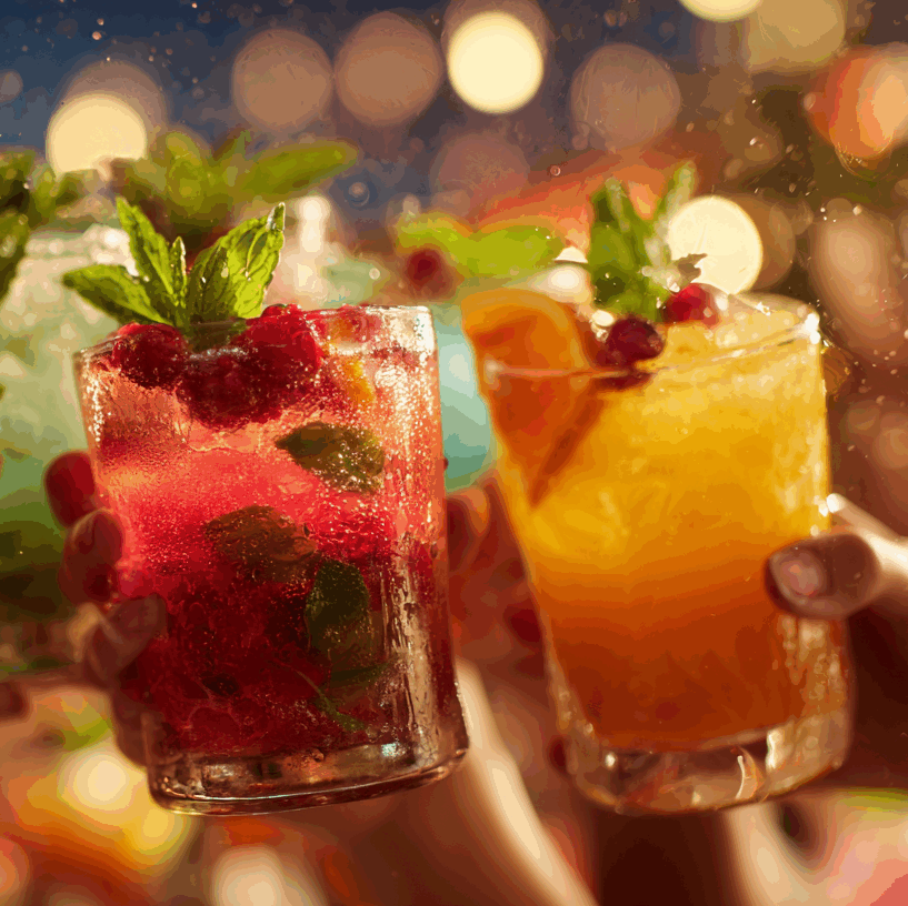 Groupe d'amis trinquant avec des cocktails colorés et fruités lors d'une soirée festive.