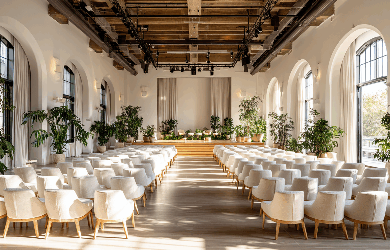 Scénographie d'un séminaire d'entreprise par Folk & Curious dans une salle de conférence élégante et lumineuse. Des fauteuils design blancs sont alignés face à une scène en bois décorée de plantes vertes, créant un cadre inspirant et naturel.