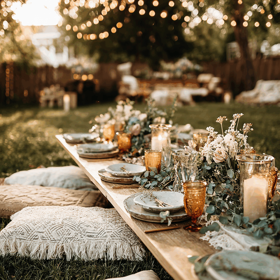 Scénographie d'une célébration bohème chic en plein air au coucher du soleil. Une table basse en bois est dressée sur l'herbe avec des assiettes en grès, des verres ambrés et un chemin de table végétal. Des coussins au sol et des guirlandes lumineuses créent une ambiance chaleureuse et magique.