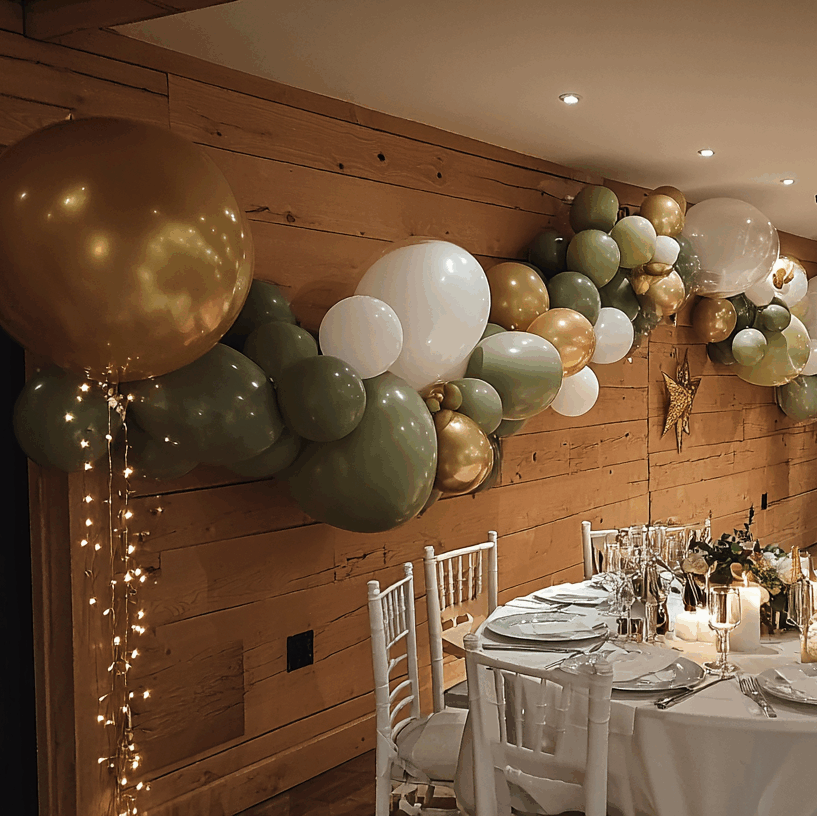 Ambiance chaleureuse et chic pour une célébration par Folk & Curious : une guirlande de ballons organiques sauge et or décore le mur d'un chalet en bois, au-dessus de tables rondes élégamment dressées et éclairées à la bougie.