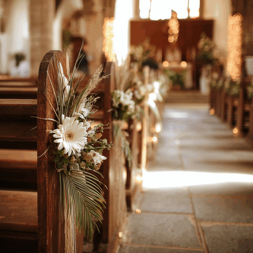 Idée de décoration pour une cérémonie de mariage à l'église. Gros plan sur un bout de banc en bois orné d'une composition florale de style bohème chic, avec un gerbera blanc et des feuillages. L'allée est baignée d'une lumière chaude, créant une ambiance romantique et solennelle.