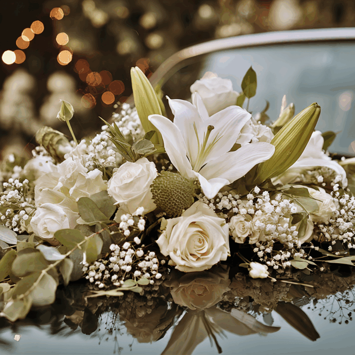Décoration florale pour voiture de mariage. Composition élégante pour la voiture des mariés, avec des lys blancs, des roses et de l'eucalyptus. Le bouquet se reflète sur le capot sombre du véhicule, devant un arrière-plan lumineux en bokeh qui crée une atmosphère chic et romantique.