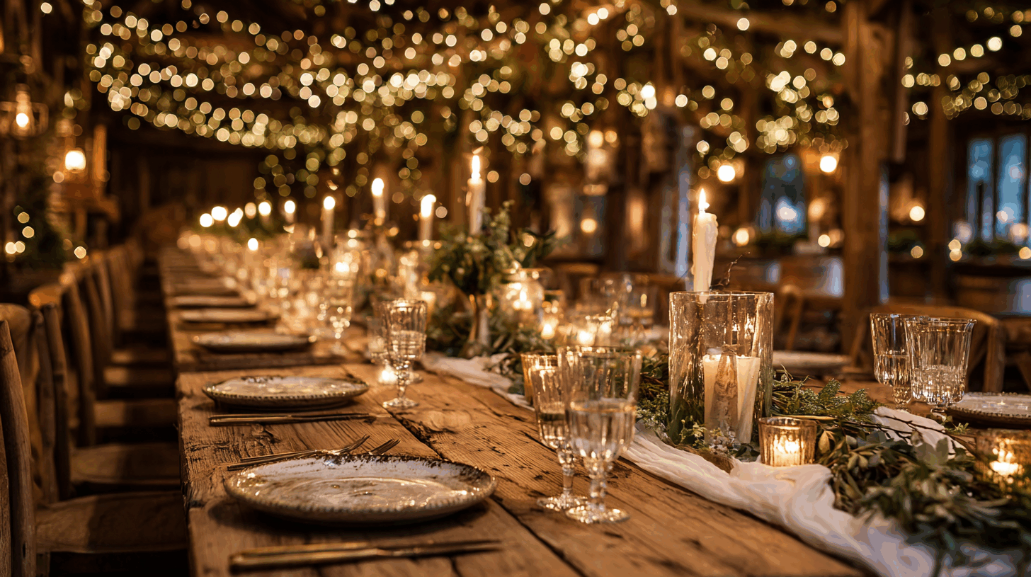 Scénographie d'événement par Folk & Curious : une grande table de dîner en bois décorée avec de la verdure et des bougies, sous un ciel de guirlandes lumineuses créant une atmosphère festive.