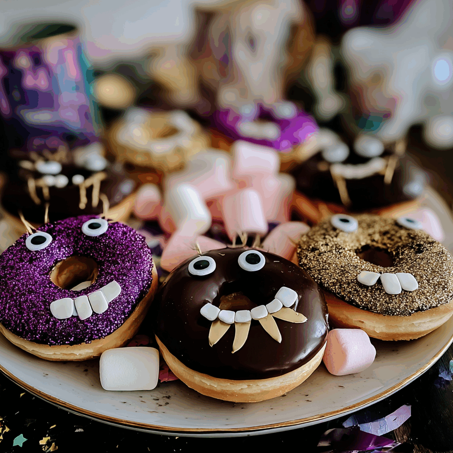 Gourmandises créatives pour un anniversaire par Folk & Curious : un plat de donuts faits maison transformés en monstres sympathiques, décorés de glaçage au chocolat et de paillettes comestibles.