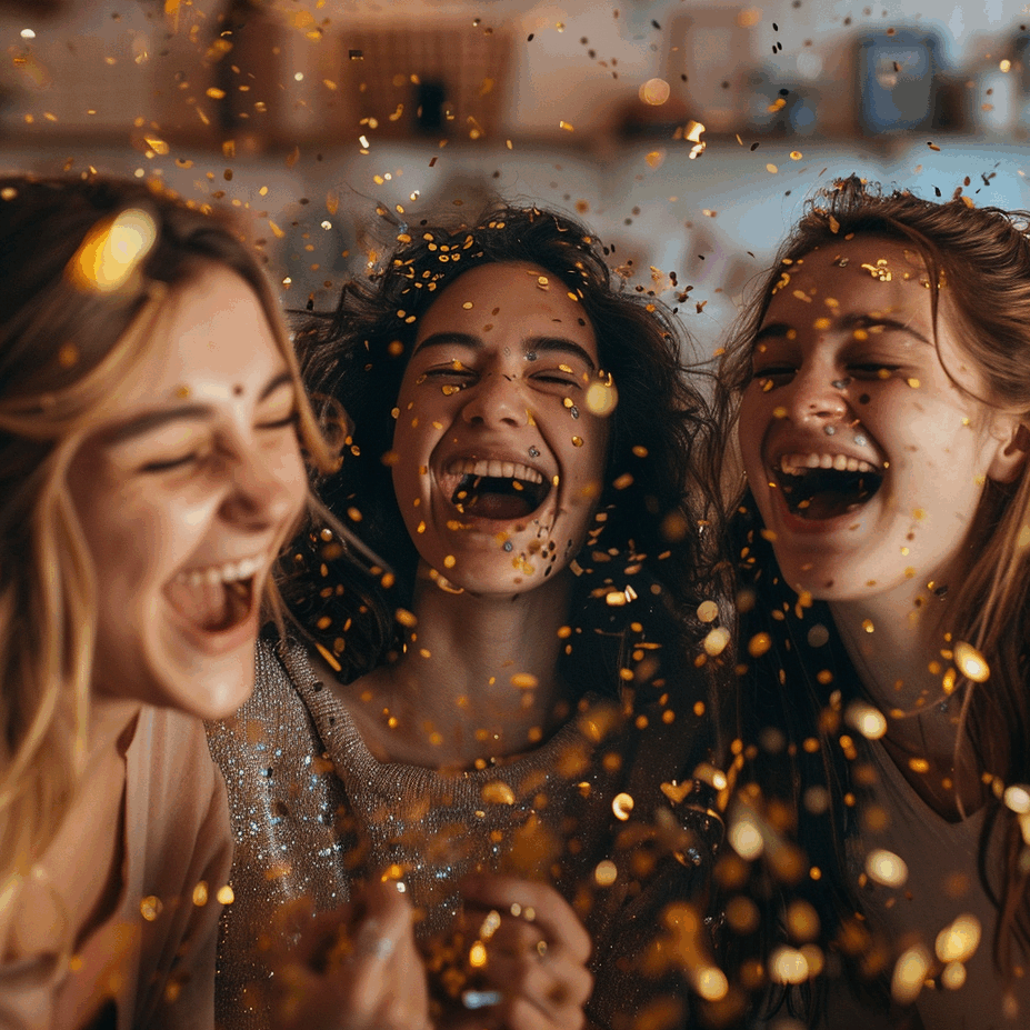 Gros plan sur trois jeunes femmes riant aux éclats sous une pluie de confettis dorés, lors d'une fête chaleureuse et joyeuse.
