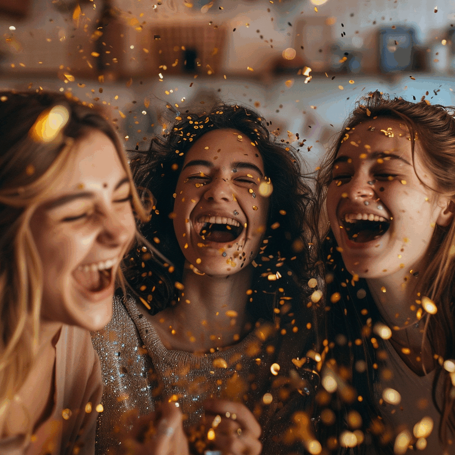 Gros plan sur trois jeunes femmes riant aux éclats sous une pluie de confettis dorés, lors d'une fête chaleureuse et joyeuse.