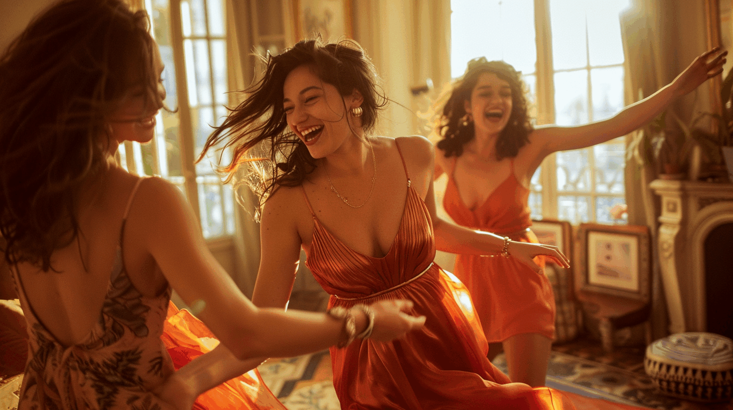 Trois jeunes femmes rient et dansent avec insouciance dans un appartement haussmannien baigné de lumière dorée, lors d'une fête privée.