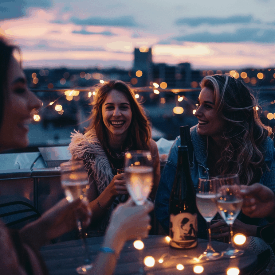 Scène festive et intime d'amis partageant des rires et du champagne sur un rooftop au coucher du soleil. L'atmosphère magique, créée par les guirlandes lumineuses et les lumières de la ville, capture l'essence d'une célébration authentique et mémorable.