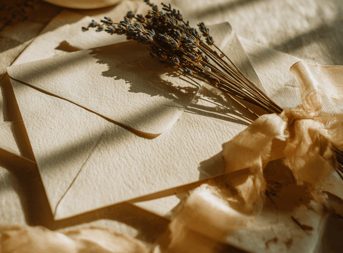 Gros plan sur une composition de papeterie artisanale par Folk & Curious : des enveloppes en papier texturé couleur crème, sur lesquelles repose un bouquet de lavande séchée noué par un ruban de soie. La scène est baignée dans la lumière chaude du soleil, créant une atmosphère poétique, authentique et chaleureuse.