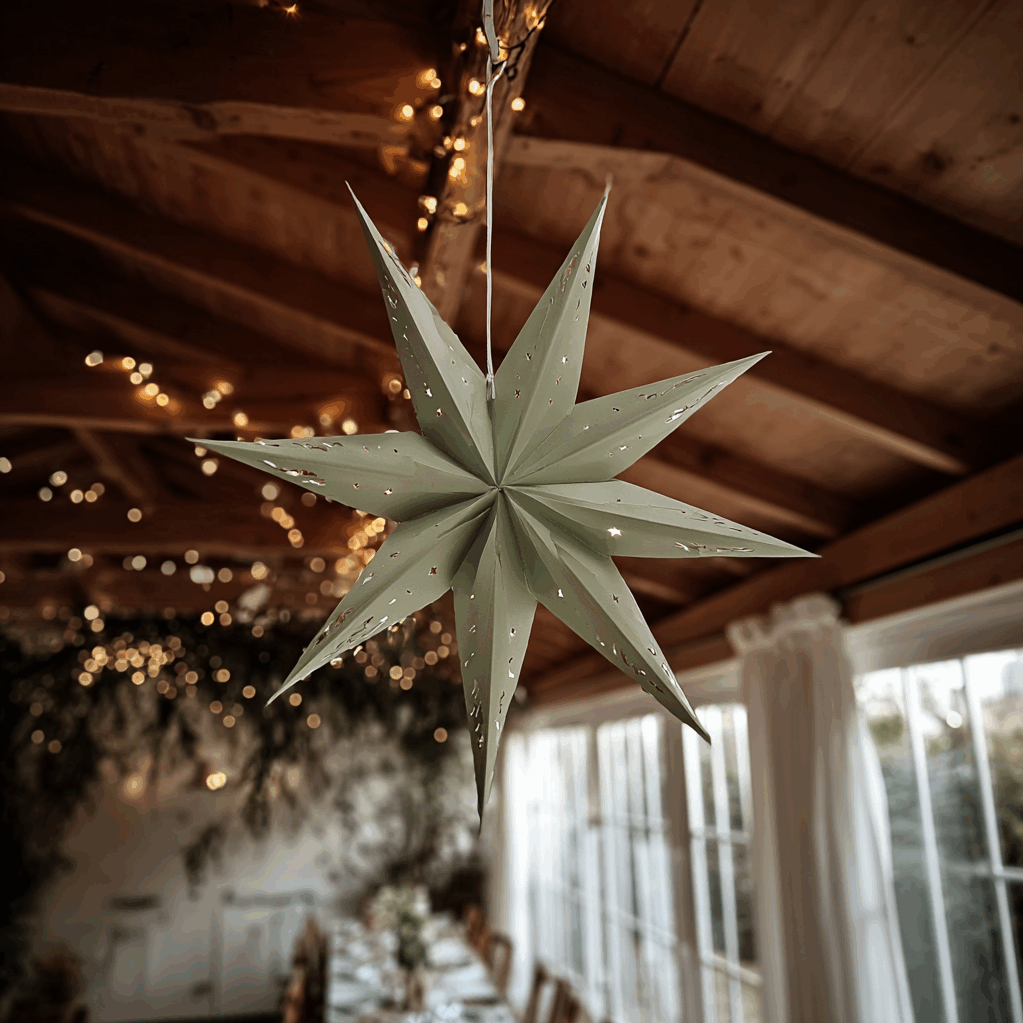Idée de décoration pour un mariage ou un événement de style rustique chic. Une suspension en forme d'étoile en papier vert sauge est accrochée à un plafond avec des poutres en bois, au-dessus d'une table de réception. Des guirlandes lumineuses en arrière-plan créent une ambiance magique et chaleureuse.