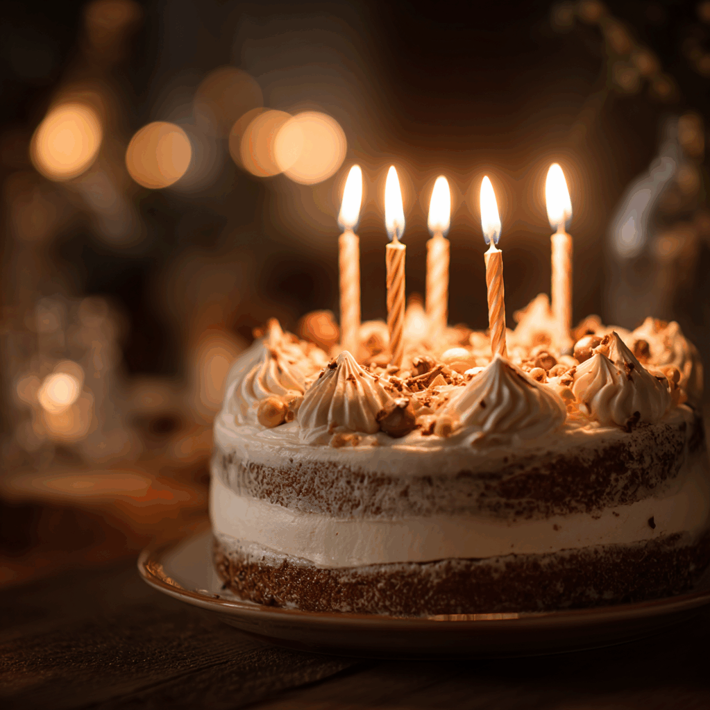 Gros plan sur un gâteau d'anniversaire artisanal avec cinq bougies allumées, posé sur une table en bois dans une ambiance chaleureuse et intime.