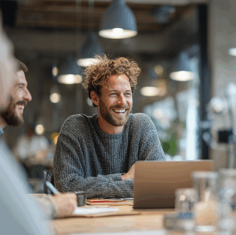 Séminaire de team building pour renforcer la cohésion et la communication en équipe. Un groupe de collègues diversifiés et souriants échange de manière positive et créative lors d'un atelier dans un espace de travail moderne et chaleureux, illustrant les bienfaits d'une culture d'entreprise collaborative.