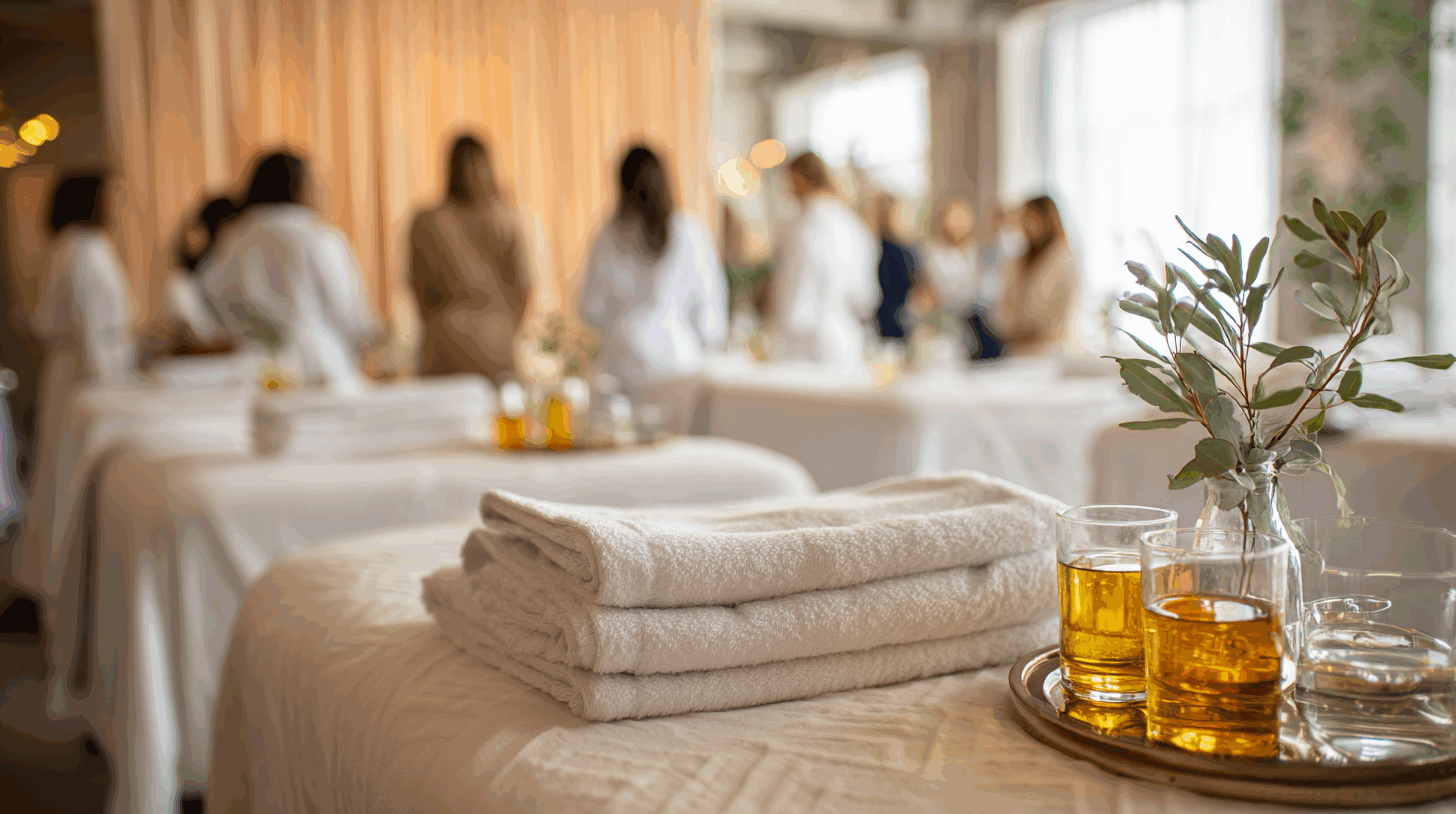 Animation spa et bien-être pour un EVJF ou une journée de cohésion d'entreprise. Gros plan sur une table de massage préparée avec des serviettes, des huiles de massage et une branche d'eucalyptus. En arrière-plan, un groupe d'amies en peignoir partage un moment de détente, créant une atmosphère sereine, conviviale et haut de gamme.