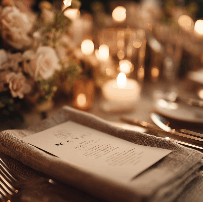 Gros plan sur l'art de la table d'un mariage ou d'un événement élégant, signé Folk & Curious. Un menu de créateur est posé sur une serviette en lin naturel, à côté de couverts couleur bronze. En arrière-plan, un centre de table floral avec des roses poudrées et le flou lumineux de nombreuses bougies créent une atmosphère intime, chaleureuse et romantique.