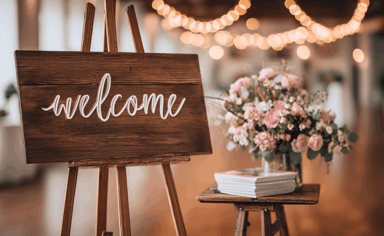 Ambiance d'accueil chaleureuse pour un événement par Folk & Curious : un panneau en bois foncé avec l'inscription "welcome" en relief, à côté d'un bouquet de roses. En arrière-plan, des guirlandes lumineuses créent un bokeh doux et festif.