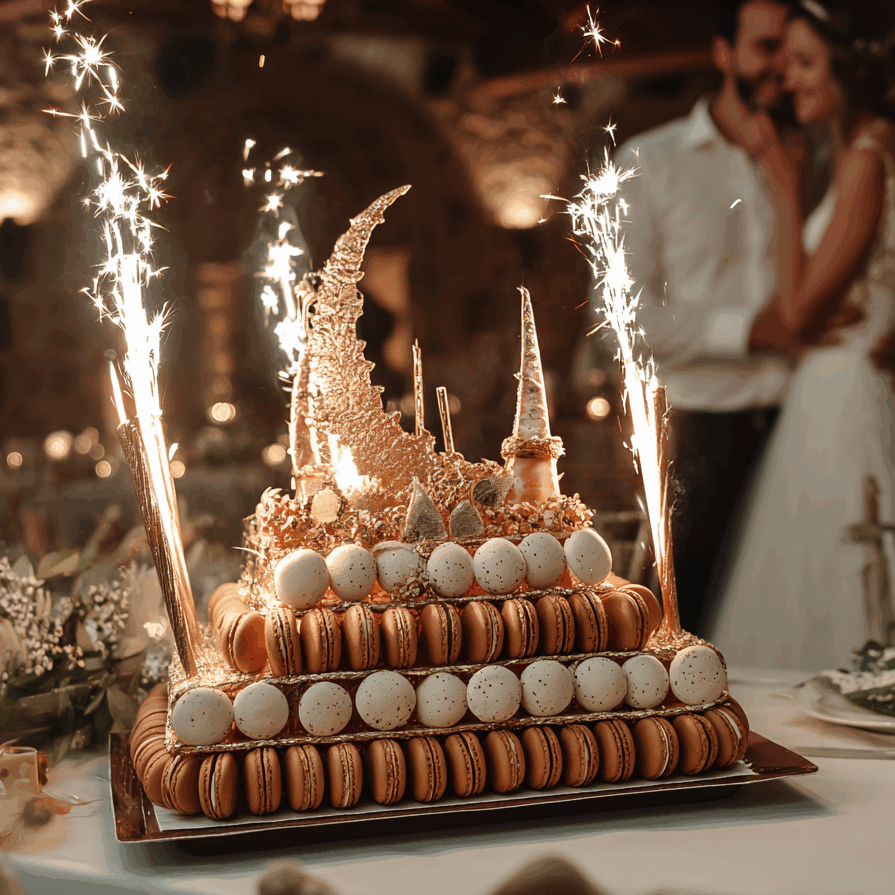 Moment fort d'une réception de mariage par Folk & Curious : une magnifique pièce montée en macarons est présentée avec des fontaines scintillantes, créant une ambiance magique et festive pour les mariés.