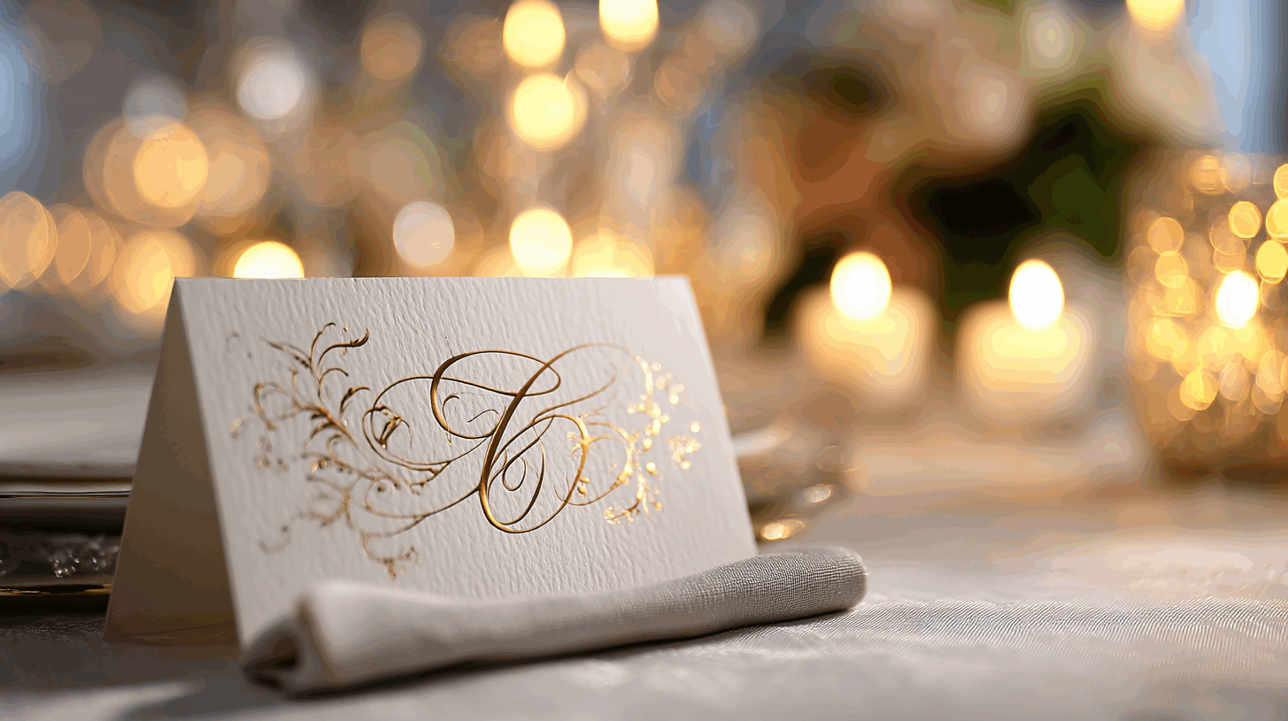 Papeterie de luxe pour événementiel : un carton de placement en papier texturé avec un monogramme en dorure à chaud, sur une nappe blanche. L'arrière-plan en bokeh chaud montre une décoration de table de fête avec des bougies et des fleurs.