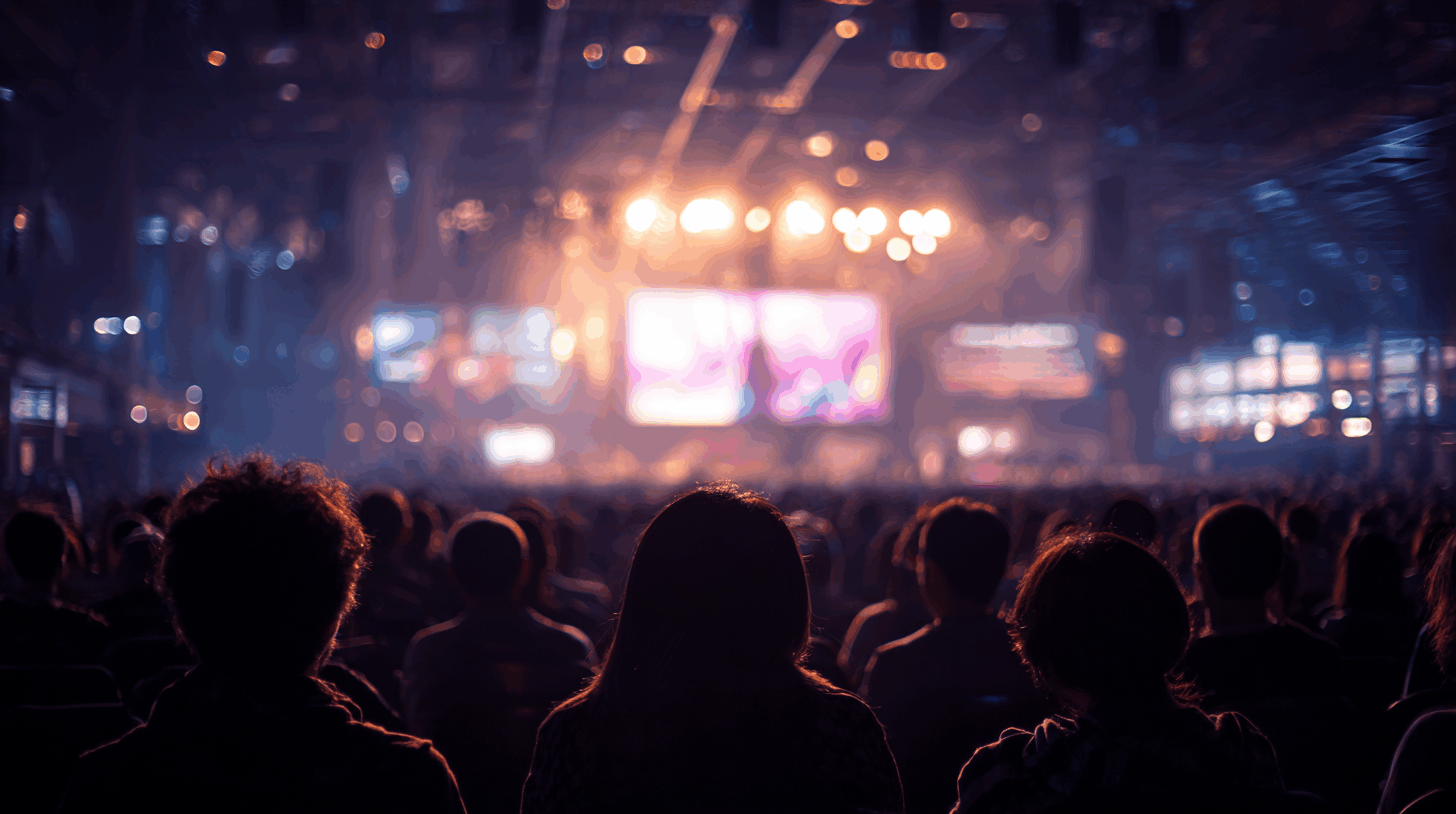 Organisation de conventions et séminaires d'entreprise. Vue d'une audience captivée et en contre-jour, tournée vers une scène lumineuse lors d'une présentation. Cette image symbolise une expérience événementielle immersive et fédératrice, conçue pour partager une vision et aligner les énergies d'une équipe.
