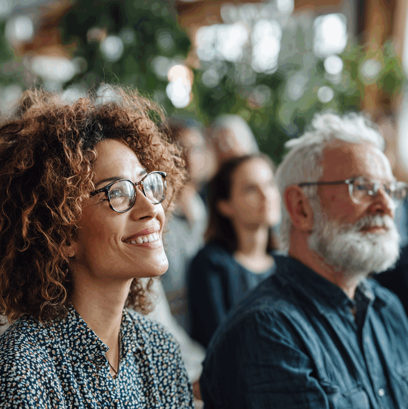 Séminaire d'entreprise inspirant et fédérateur. Une audience de professionnels divers et attentifs participe à une convention. Gros plan sur une collaboratrice souriante et engagée, reflétant une expérience de formation positive et réussie.