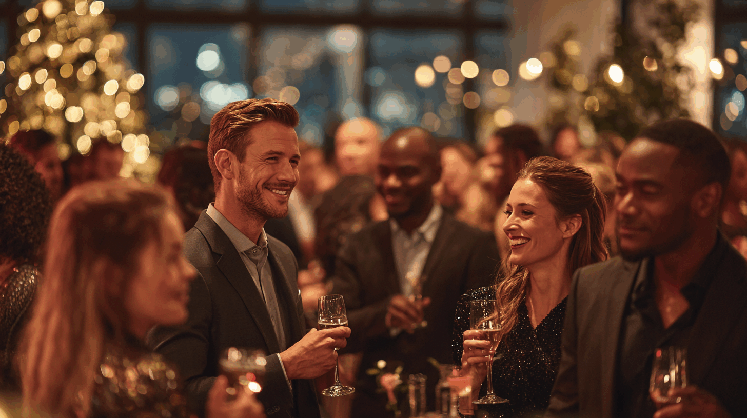 Organisation d'une soirée d'entreprise par Folk & Curious : des collaborateurs divers et souriants partagent un moment de convivialité autour d'une coupe de champagne, dans une ambiance chaleureuse et élégante.