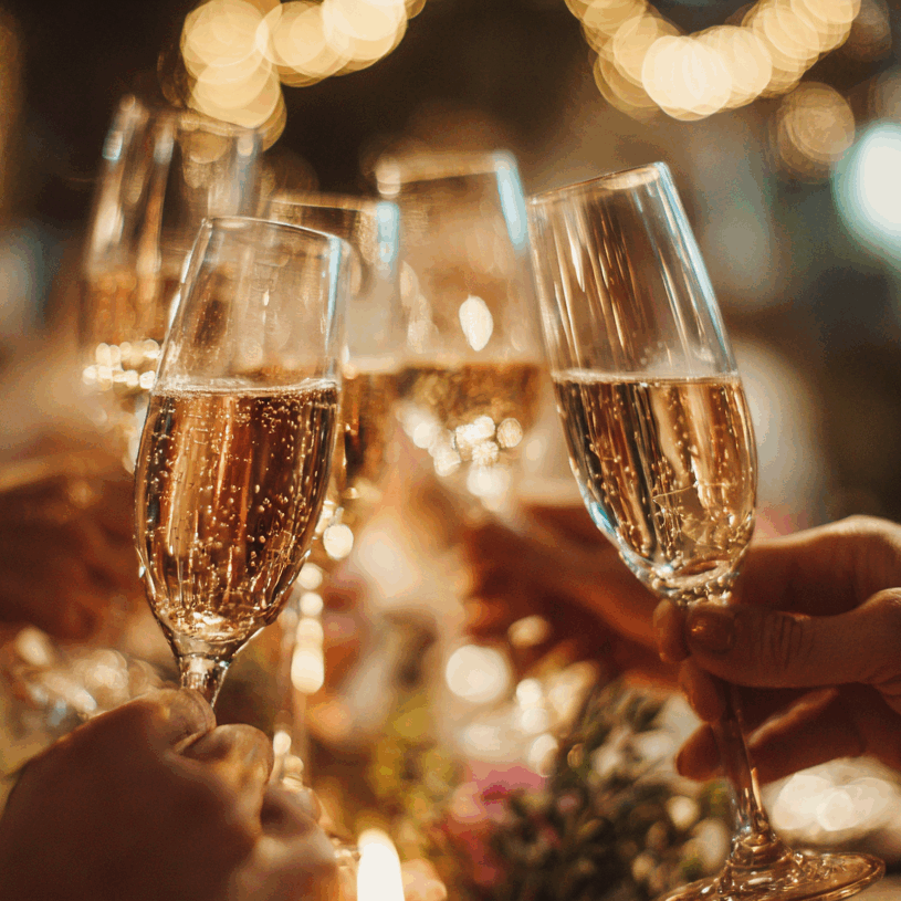 Célébration d'un succès lors d'une soirée d'entreprise ou d'un événement privé. Gros plan sur des invités qui trinquent avec des coupes de champagne, créant un moment de partage convivial. L'ambiance est festive et chic, avec des lumières chaleureuses en arrière-plan.