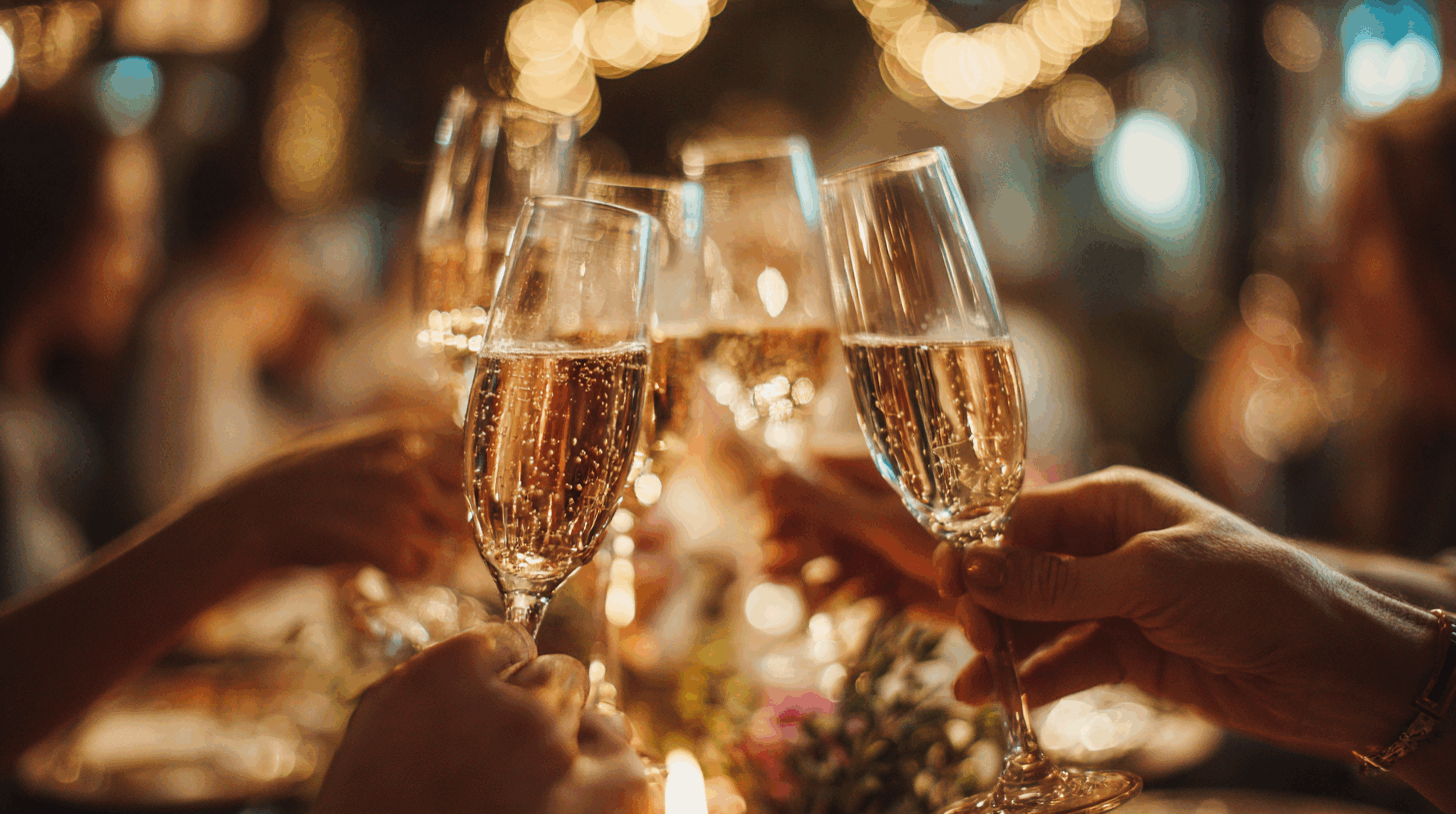 Célébration d'un succès lors d'une soirée d'entreprise ou d'un événement privé. Gros plan sur des invités qui trinquent avec des coupes de champagne, créant un moment de partage convivial. L'ambiance est festive et chic, avec des lumières chaleureuses en arrière-plan.
