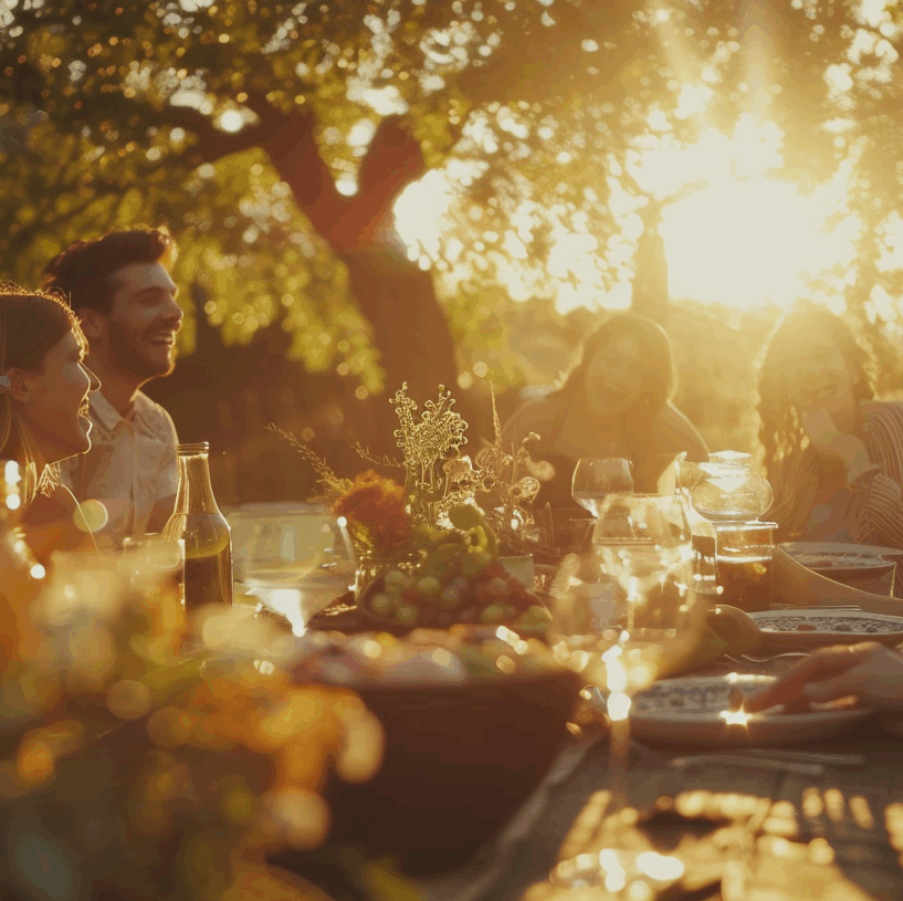 Groupe d'amis profitant d'un dîner en plein air au coucher du soleil dans un jardin. La table est dressée avec de la nourriture et des boissons, et l'ambiance est conviviale et détendue grâce à la lumière dorée.