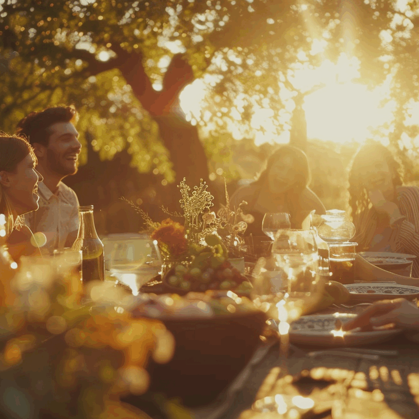 Groupe d'amis profitant d'un dîner en plein air au coucher du soleil dans un jardin. La table est dressée avec de la nourriture et des boissons, et l'ambiance est conviviale et détendue grâce à la lumière dorée.
