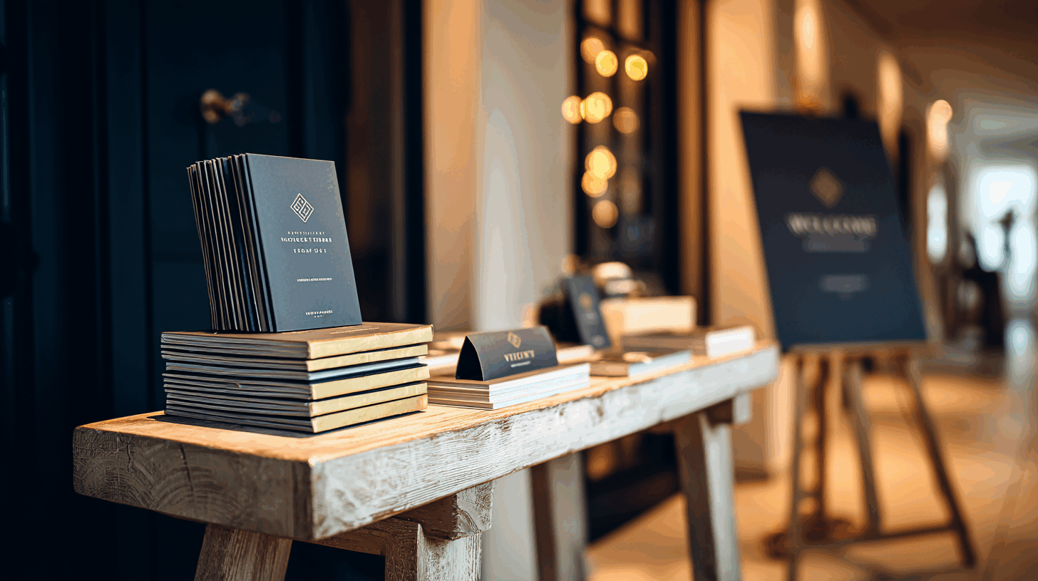 Création de supports de communication sur mesure pour un événement professionnel ou un séminaire. Une gamme complète de papeterie (brochures, livrets, cartes de visite) est présentée de manière élégante sur une table d'accueil en bois, avec un panneau de bienvenue en arrière-plan. L'identité visuelle cohérente et le design haut de gamme renforcent une image de marque professionnelle et accueillante.