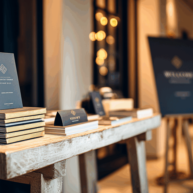 Création de supports de communication sur mesure pour un événement professionnel ou un séminaire. Une gamme complète de papeterie (brochures, livrets, cartes de visite) est présentée de manière élégante sur une table d'accueil en bois, avec un panneau de bienvenue en arrière-plan. L'identité visuelle cohérente et le design haut de gamme renforcent une image de marque professionnelle et accueillante.