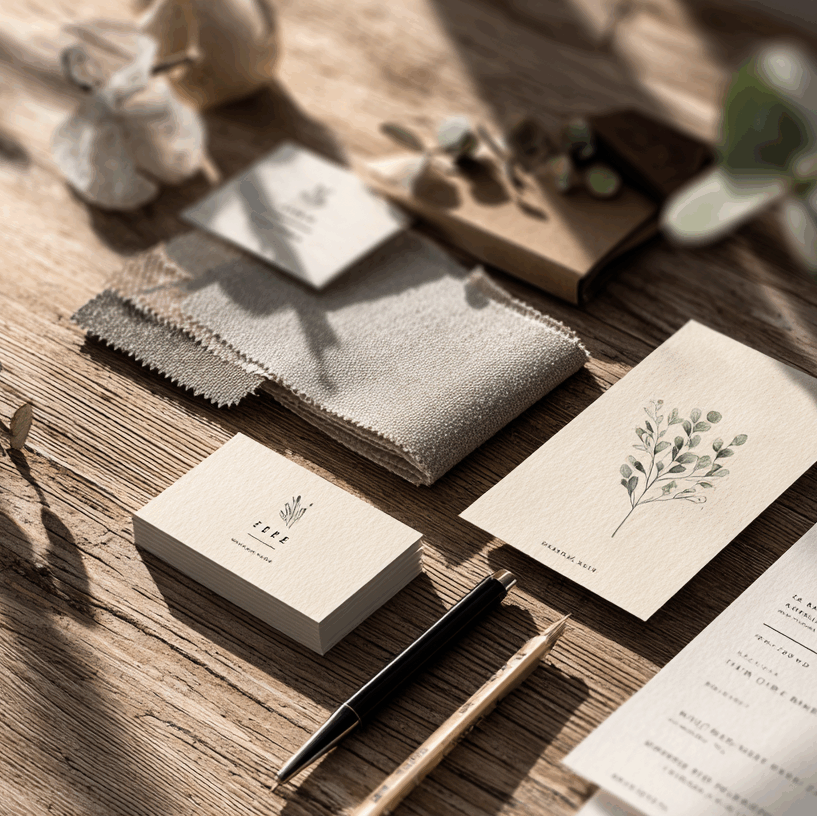 Création d'une identité visuelle par Folk & Curious : une composition de papeterie de mariage élégante avec motif d'eucalyptus, cartes de visite et échantillons de tissu, le tout disposé sur une table en bois rustique baignée de lumière naturelle.