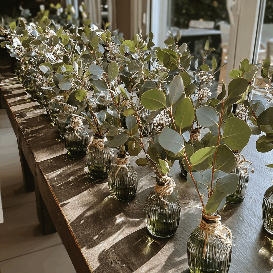 Création de centres de table par Folk & Curious : une multitude de soliflores en verre vert avec de l'eucalyptus, alignés sur une longue table en bois pour une décoration de mariage naturelle et minimaliste.