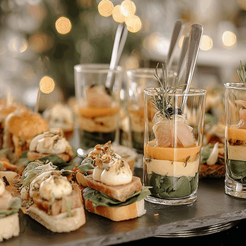 Service traiteur par Folk & Curious : une sélection élégante de pièces cocktails, incluant des canapés et des verrines, présentées sur une ardoise avec un arrière-plan lumineux et chaleureux.